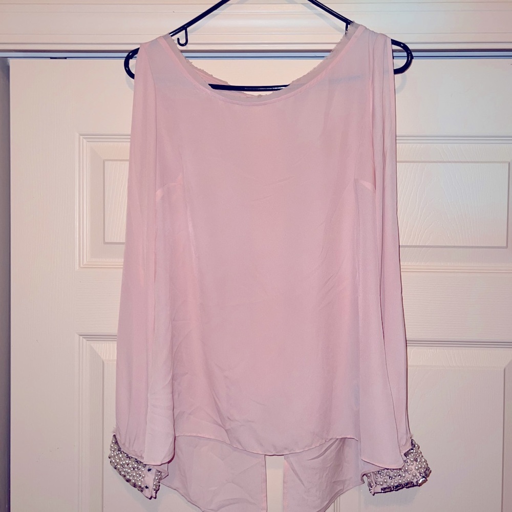 Pink cut sleeve pearl detailing blouse